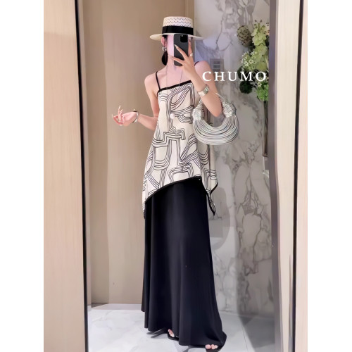 韓版老錢風寬松幾何條紋吊帶背心襯衫上衣高腰半身裙時尚兩件套
