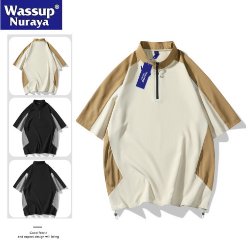WASSUP Nuraya潮牌半拉鍊POLO衫男士夏季T恤拼接戶外運動服短袖