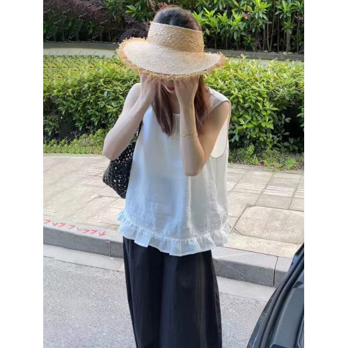 棉麻無袖背心綠色襯衫女裝新款獨特漂亮遮肚子小衫減齡白色上衣女