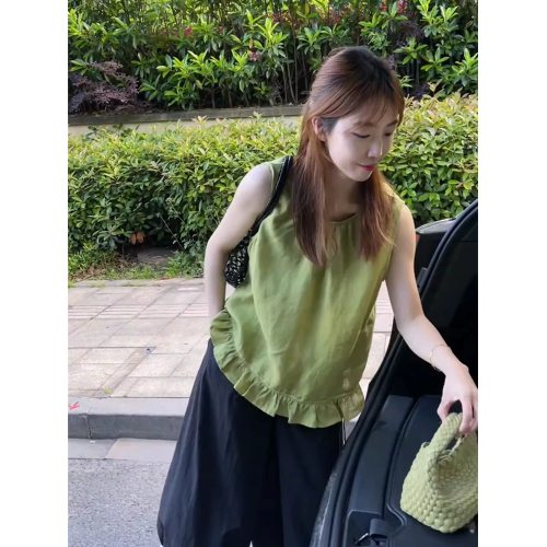 棉麻無袖背心綠色襯衫女裝新款獨特漂亮遮肚子小衫減齡白色上衣女