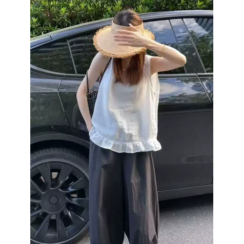 棉麻無袖背心綠色襯衫女裝新款獨特漂亮遮肚子小衫減齡白色上衣女