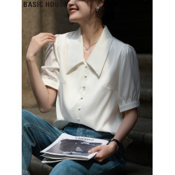 Basic House/百家好白色短袖襯衫女士夏季2025新款法式泡泡袖上衣