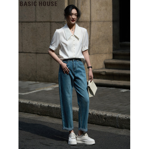 Basic House/百家好白色短袖襯衫女士夏季2025新款法式泡泡袖上衣