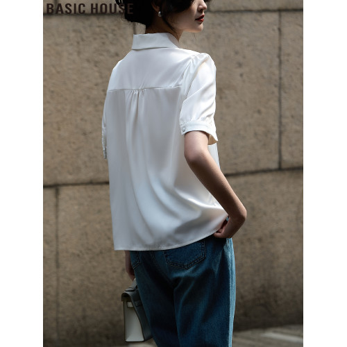 Basic House/百家好白色短袖襯衫女士夏季2025新款法式泡泡袖上衣