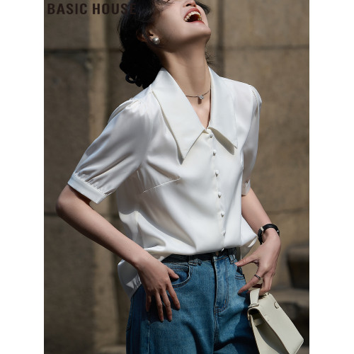 Basic House/百家好白色短袖襯衫女士夏季2025新款法式泡泡袖上衣