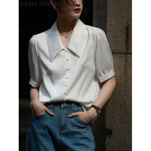 Basic House/百家好白色短袖襯衫女士夏季2025新款法式泡泡袖上衣