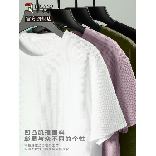 啄木鳥華夫格短袖t恤男夏季2025新款潮牌寬松半袖男士五分袖衣服Y