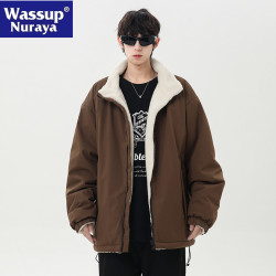WASSUP NURAYA羊羔毛棉衣男冬季雙面穿加厚外套加絨青年立領棉服