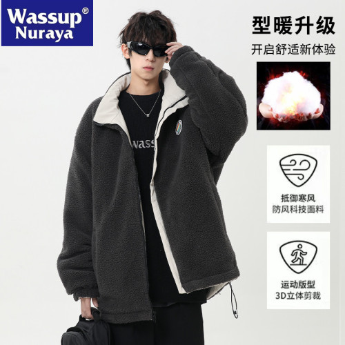 WASSUP NURAYA羊羔毛棉衣男冬季雙面穿加厚外套加絨青年立領棉服