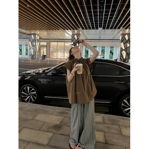 花邊領慵懶顯瘦減齡又時髦寬松短袖襯衫上衣女