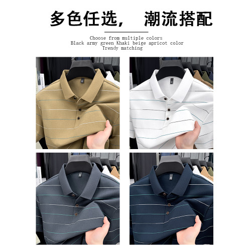 啄木鳥條紋翻領polo衫短袖夏裝男士薄款100%純棉t恤爸爸休閒上衣C