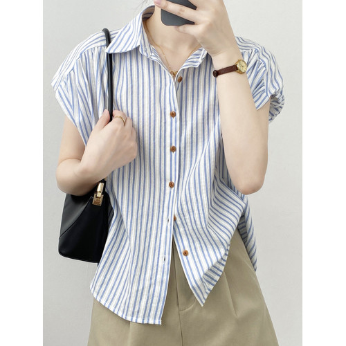 竪條紋飛飛袖襯衫女2025夏季新款短袖polo領淺藍色上衣小個子襯衣