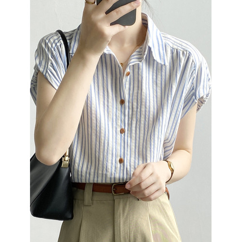 竪條紋飛飛袖襯衫女2025夏季新款短袖polo領淺藍色上衣小個子襯衣