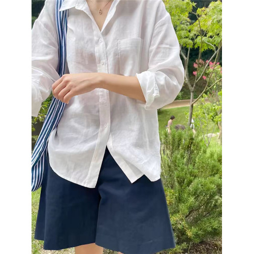 法式棉麻防曬白色襯衫女長袖薄款春夏寬松外搭韓版襯衣亞麻上衣秋