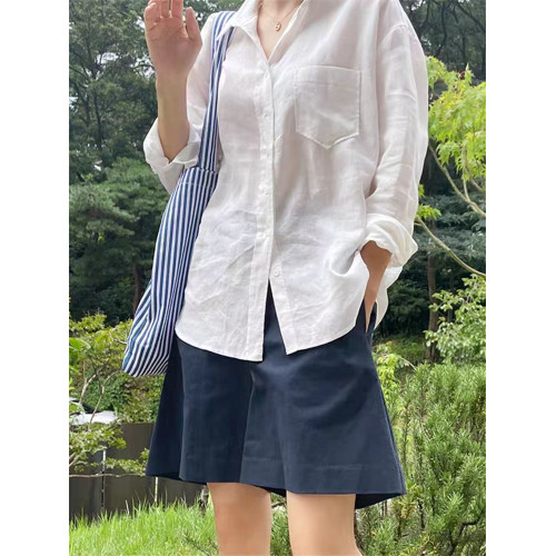 法式棉麻防曬白色襯衫女長袖薄款春夏寬松外搭韓版襯衣亞麻上衣秋