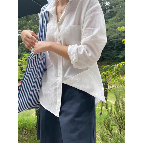 法式棉麻防曬白色襯衫女長袖薄款春夏寬松外搭韓版襯衣亞麻上衣秋