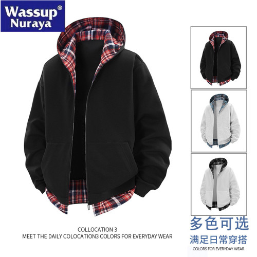 WASSUP Nuraya潮牌春秋假兩件格子連帽夾克男士開衫外套青年上衣