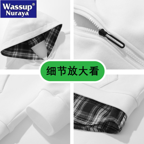 WASSUP Nuraya潮牌春秋假兩件格子連帽夾克男士開衫外套青年上衣