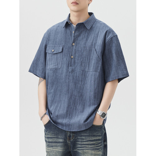 夏季棉麻復古短袖襯衫男日系薄款休閒寬鬆復古POLO領中袖襯衣美潮