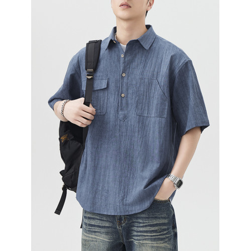 夏季棉麻復古短袖襯衫男日系薄款休閒寬鬆復古POLO領中袖襯衣美潮