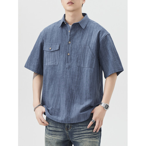 夏季棉麻復古短袖襯衫男日系薄款休閒寬鬆復古POLO領中袖襯衣美潮