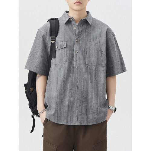 夏季棉麻復古短袖襯衫男日系薄款休閒寬鬆復古POLO領中袖襯衣美潮