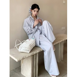 韓系簡約慵懶風薄款寬松防曬襯衫上衣女直筒褲套裝2025春季新款潮