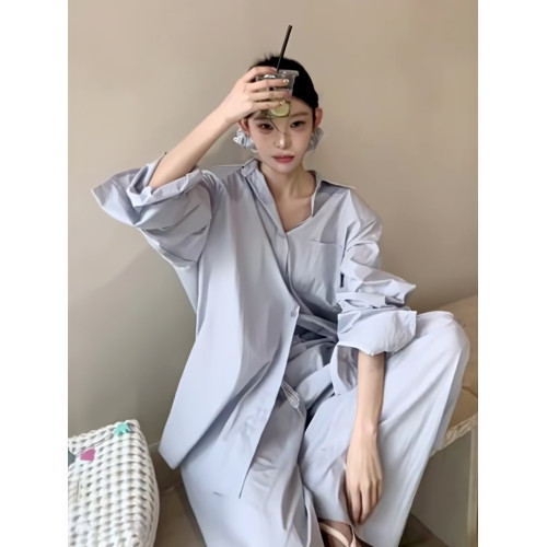韓系簡約慵懶風薄款寬松防曬襯衫上衣女直筒褲套裝2025春季新款潮