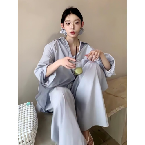 韓系簡約慵懶風薄款寬松防曬襯衫上衣女直筒褲套裝2025春季新款潮
