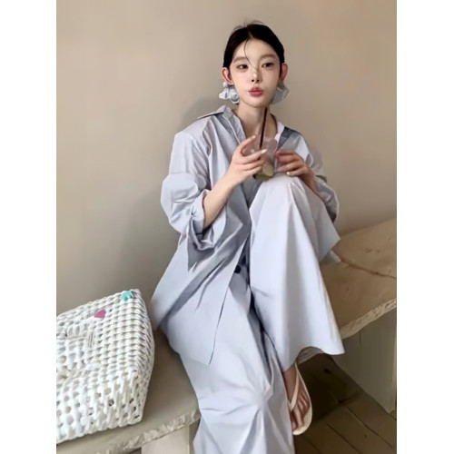 韓系簡約慵懶風薄款寬松防曬襯衫上衣女直筒褲套裝2025春季新款潮