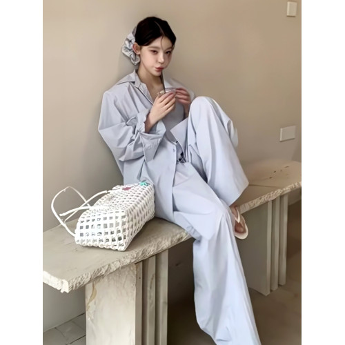 韓系簡約慵懶風薄款寬松防曬襯衫上衣女直筒褲套裝2025春季新款潮
