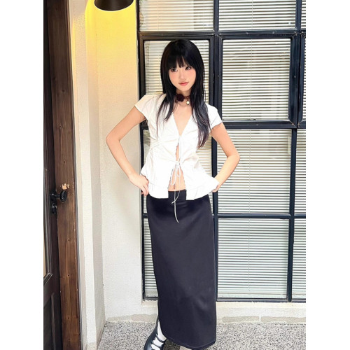 設計感小衆短袖襯衫女夏季修身V領蕾絲花邊系帶復古短款白色上衣