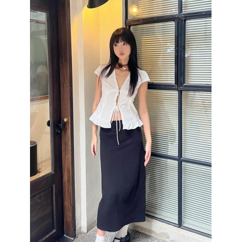 設計感小衆短袖襯衫女夏季修身V領蕾絲花邊系帶復古短款白色上衣