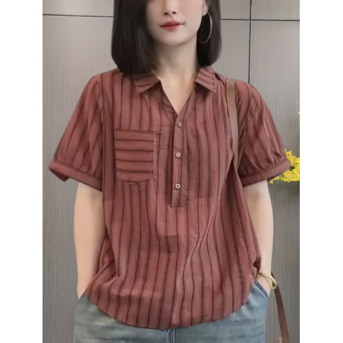 洋氣翻領條紋天絲棉麻襯衫女2025夏季媽媽短袖襯衣遮肚子顯瘦上衣