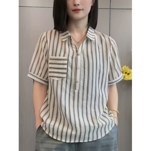 洋氣翻領條紋天絲棉麻襯衫女2025夏季媽媽短袖襯衣遮肚子顯瘦上衣
