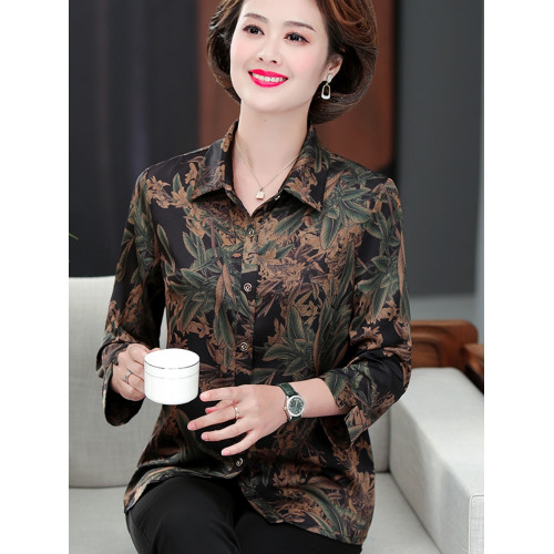 媽媽夏裝仿真絲襯衫薄款大碼中袖襯衣女中老年牛奶絲T恤奶奶上衣