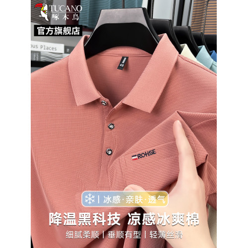 啄木鳥2025夏季新款中年男士翻領polo衫口袋款大碼休閒爸爸裝t恤C
