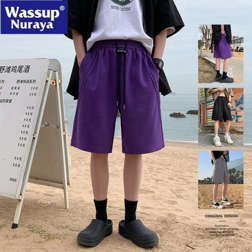 WASSUP NURAYA紫色運動短褲男士夏季2025新款寬鬆休閒沙灘五分褲