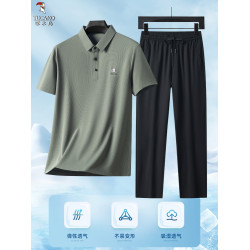 啄木鳥官方旗艦店爸爸夏套裝2025新款中年短袖t恤冰絲POLO衫套裝