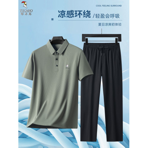 啄木鳥官方旗艦店爸爸夏套裝2025新款中年短袖t恤冰絲POLO衫套裝