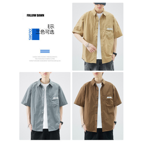 冰絲襯衫男款夏季新款潮流牌痞帥風半袖衣服短袖工裝襯衣