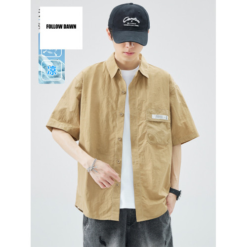 冰絲襯衫男款夏季新款潮流牌痞帥風半袖衣服短袖工裝襯衣
