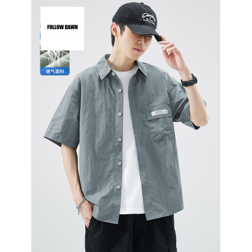 冰絲襯衫男款夏季新款潮流牌痞帥風半袖衣服短袖工裝襯衣