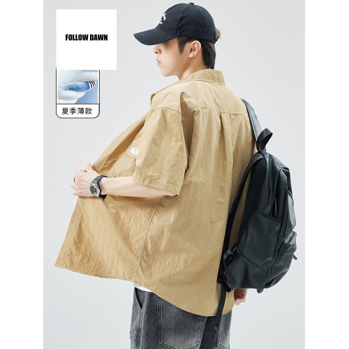 冰絲襯衫男款夏季新款潮流牌痞帥風半袖衣服短袖工裝襯衣