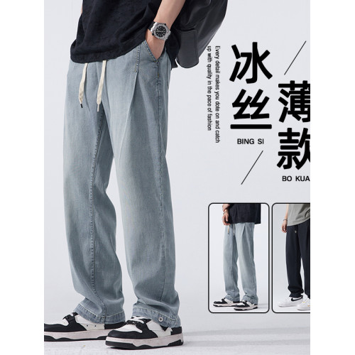天絲萊賽爾男士牛仔褲2025夏季薄款舒適寬鬆直筒濶腿褲涼感長褲子