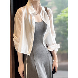 Basic House/百家好萊賽爾天絲白色防曬襯衫女夏季薄款冰絲短開衫
