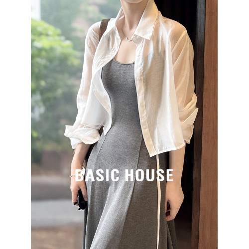 Basic House/百家好萊賽爾天絲白色防曬襯衫女夏季薄款冰絲短開衫