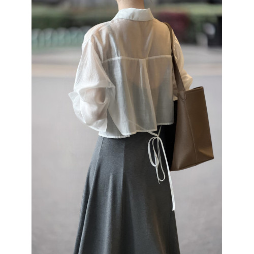 Basic House/百家好萊賽爾天絲白色防曬襯衫女夏季薄款冰絲短開衫