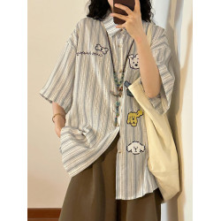 日系小狗刺綉亞文化短袖襯衫女夏季新款潮牌休閒寬松半袖條紋襯衣