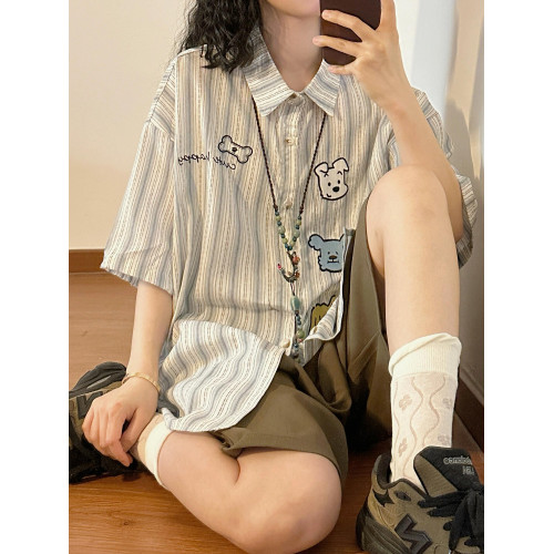 日系小狗刺綉亞文化短袖襯衫女夏季新款潮牌休閒寬松半袖條紋襯衣